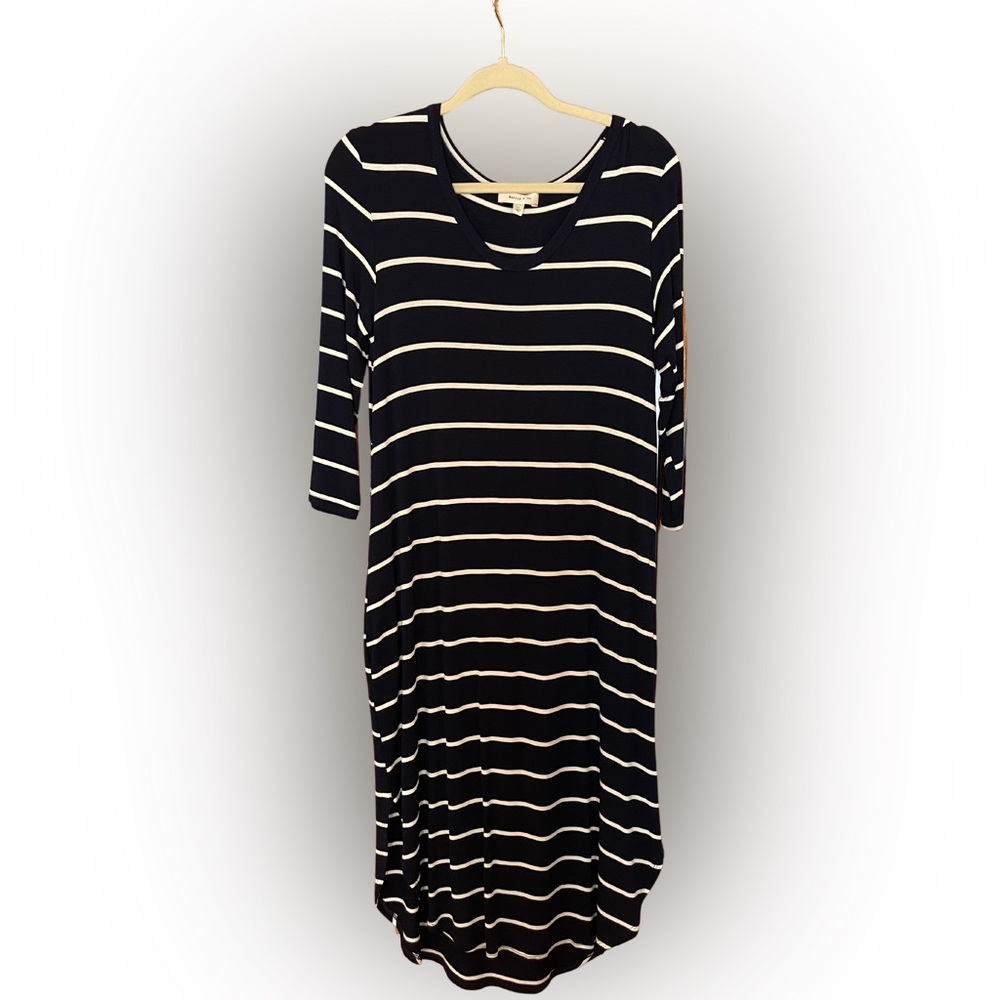 Navy and White Striped 3/4” Sleeve Dress